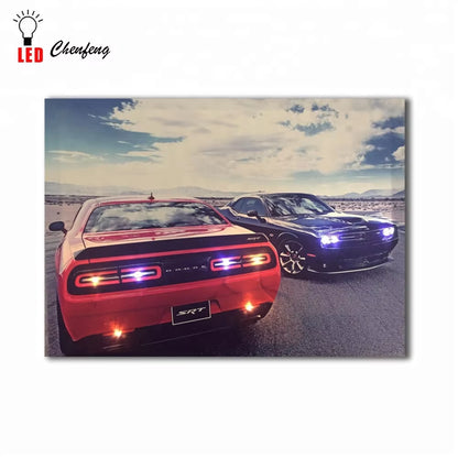 Retro Sport Car Dodge Challenger SRT Hellcat Picture Canvas Art Wholesale Wall Art Led Light Printing for Home Decoration