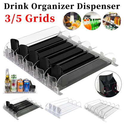 Canned Beverage Push Rack Drink Organizer Dispenser Spring Push Adjustable Width Storage Shelf E-Shaped Glide for Kitchen Fridge