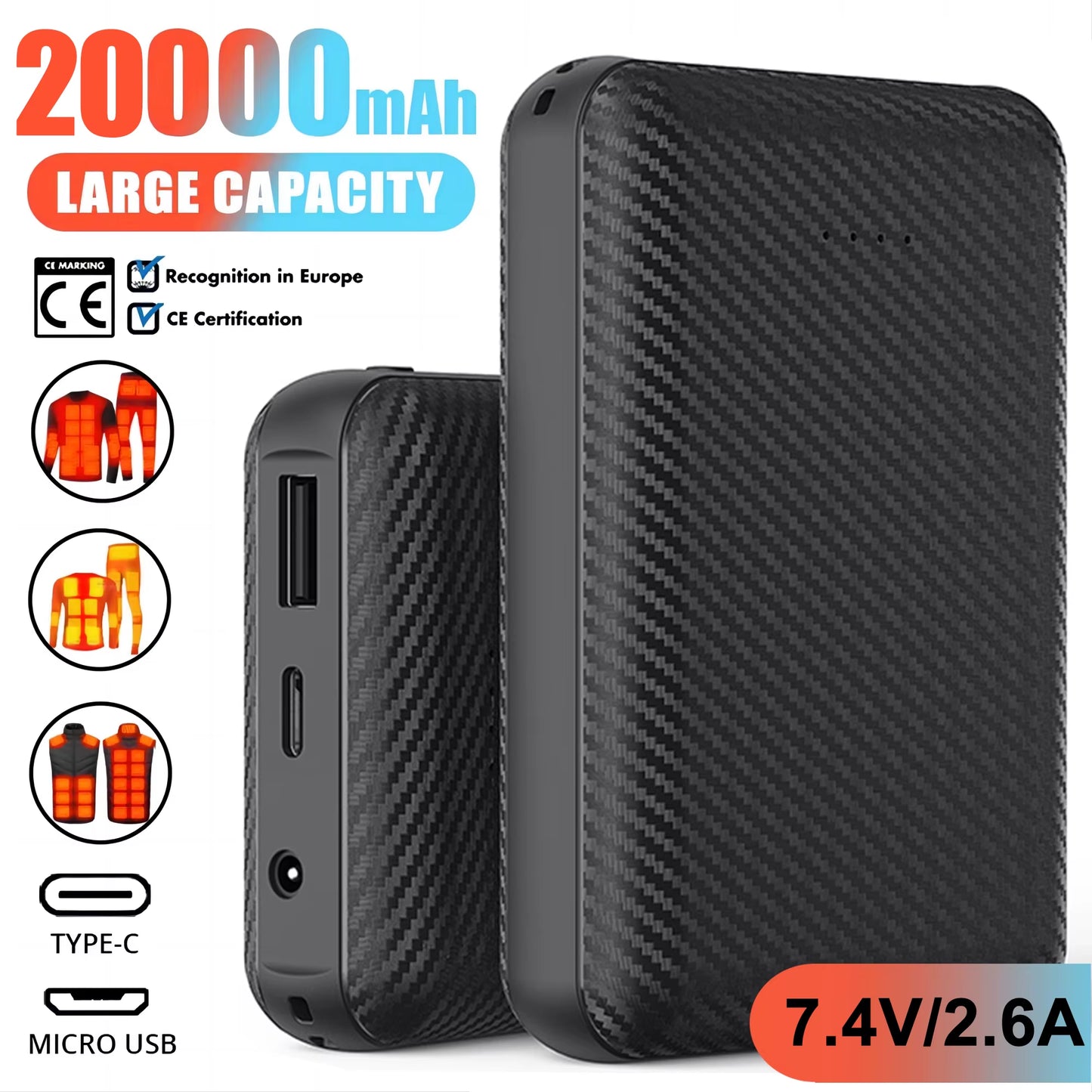 Power Bank DC7.4V 20000Mah Portabl Charging Power Supply Phone External Battery for Heated Jacket Vest Underwear Heated Clothing