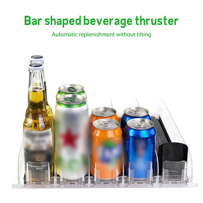 Canned Beverage Push Rack Drink Organizer Dispenser Spring Push Adjustable Width Storage Shelf E-Shaped Glide for Kitchen Fridge