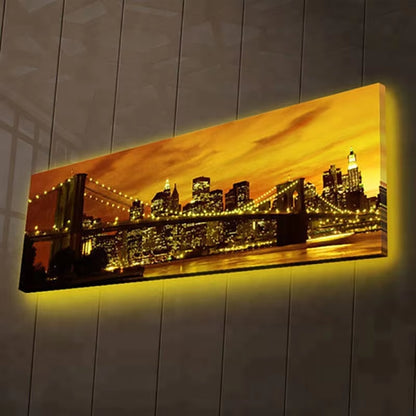 Led Wall Picture Painting Canvas with Led Brooklyn Bridge City Night Art Light up Decor Artwork Printed Frame Living Room