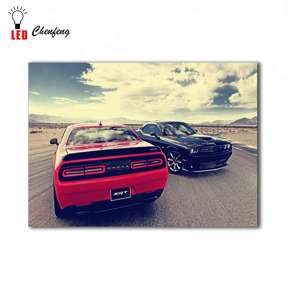 Retro Sport Car Dodge Challenger SRT Hellcat Picture Canvas Art Wholesale Wall Art Led Light Printing for Home Decoration