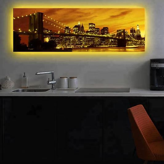 Led Wall Picture Painting Canvas with Led Brooklyn Bridge City Night Art Light up Decor Artwork Printed Frame Living Room